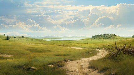 Serene pathway winding through a vast prairie under a blue sky with clouds and distant hills creating a peaceful landscape scene.