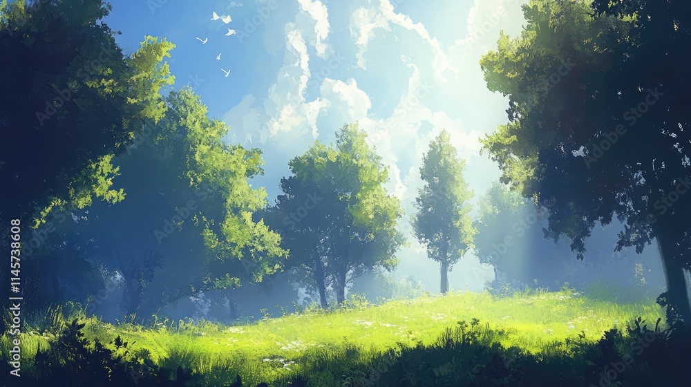 Poster lush green trees under bright sky with soft clouds and sunlight filtering through in a serene nature