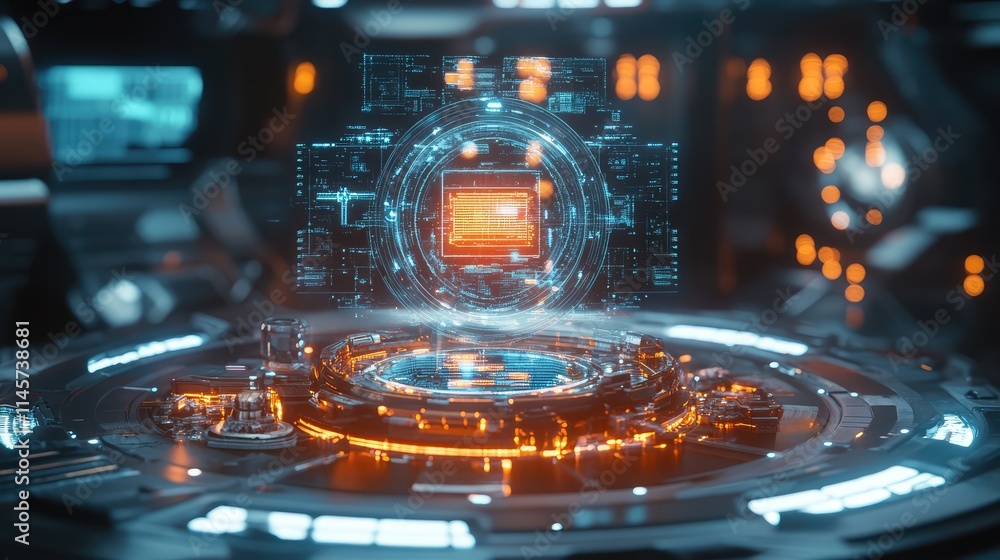 Poster a high-tech robot controlled by a central microchip, surrounded by holographic visuals representing 