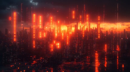 Fototapeta premium Futuristic cityscape with glowing digital elements.