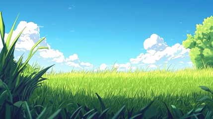 Obraz premium Vibrant blue sky with fluffy clouds over lush green grass creating a serene and tranquil outdoor landscape background