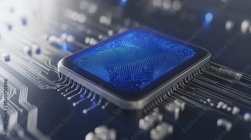 Poster close-up of a cpu microchip on a circuit board with glowing blue circuitry. the image emphasizes the