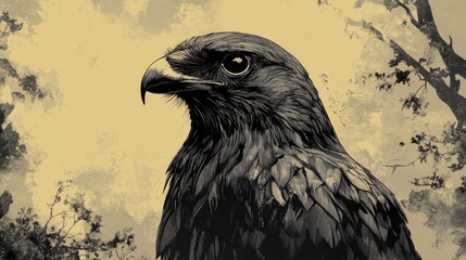 Fototapeta premium Eagle Portrait with Vintage Aesthetic Surrounded by Nature Elements in Monochrome Tones