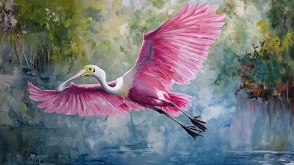 Roseate spoonbill soaring gracefully with vibrant pink wings against a serene natural backdrop showcasing its elegant flight and beauty.