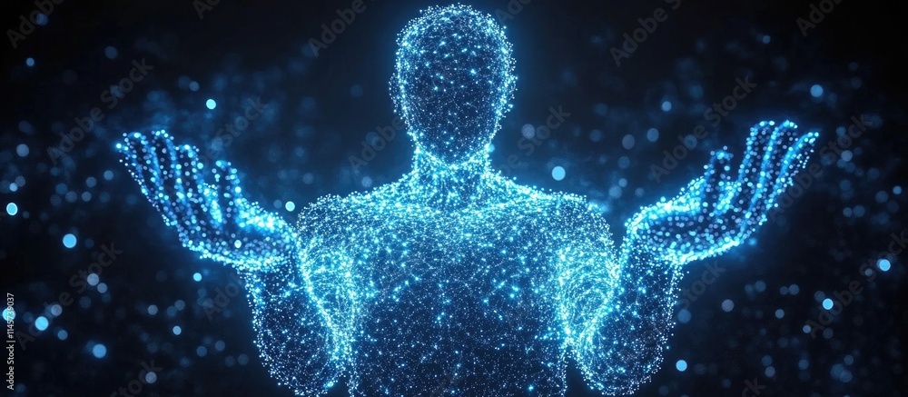 Poster holographic digital network representation with glowing connections symbolizing technology and conne