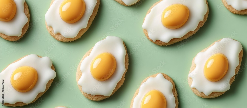 Poster delicious egg-shaped cookies with creamy frosting on a vibrant green background creating a playful a