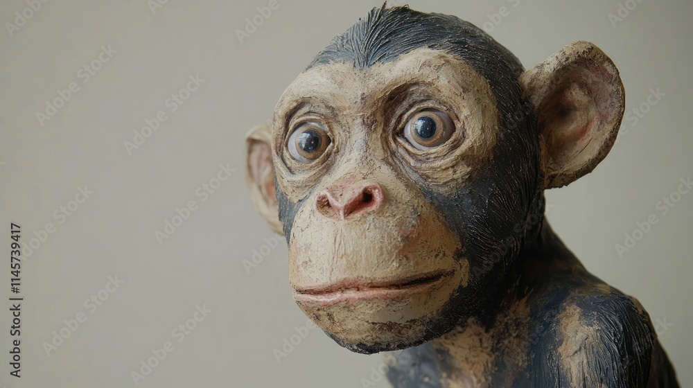 Poster realistic sculpted monkey portrait showcasing intricate details and unique expression on a neutral b