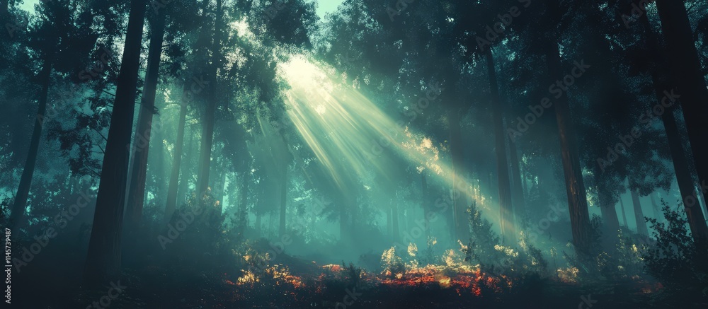 Poster sunlight beams filtering through dense forest trees creating a serene and mystical atmosphere in a t