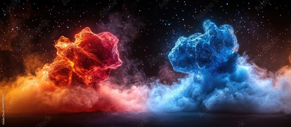 Poster contrast of warm and cool smoke clouds in a dramatic cosmic setting emphasizing sensation and visual