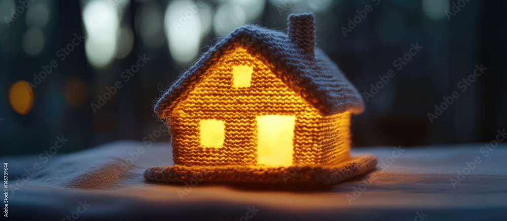 Poster knitted house illuminated with warm light creating a cozy winter atmosphere in a serene setting