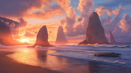 Coastal Sunset Landscape with Dramatic Seastacks and Vibrant Sky Over Calm Ocean Waves