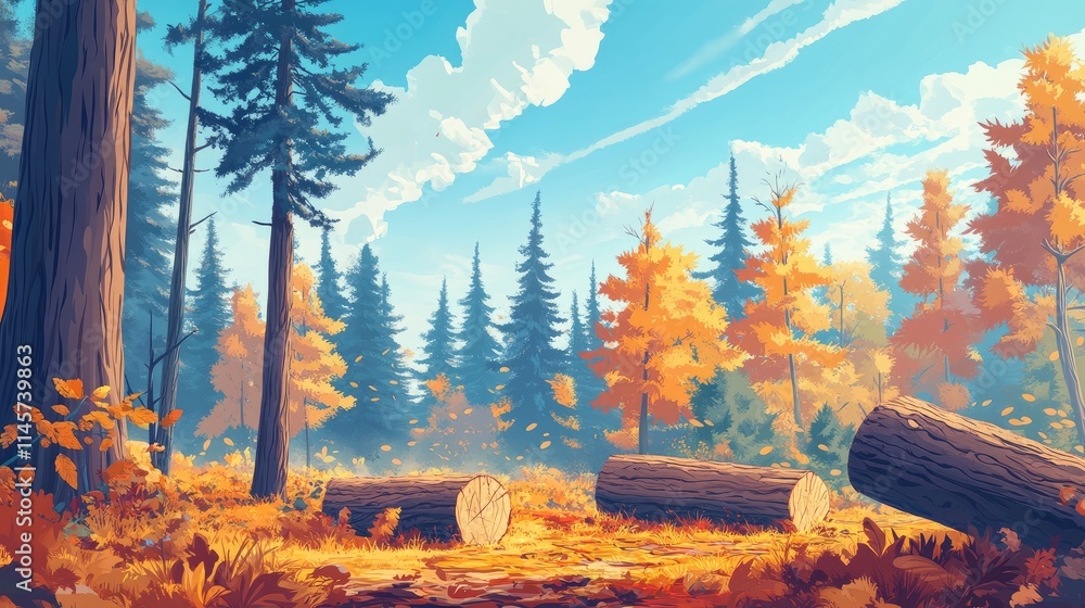 Poster autumn forest landscape featuring coniferous trees and logs highlighting the impact of logging and t