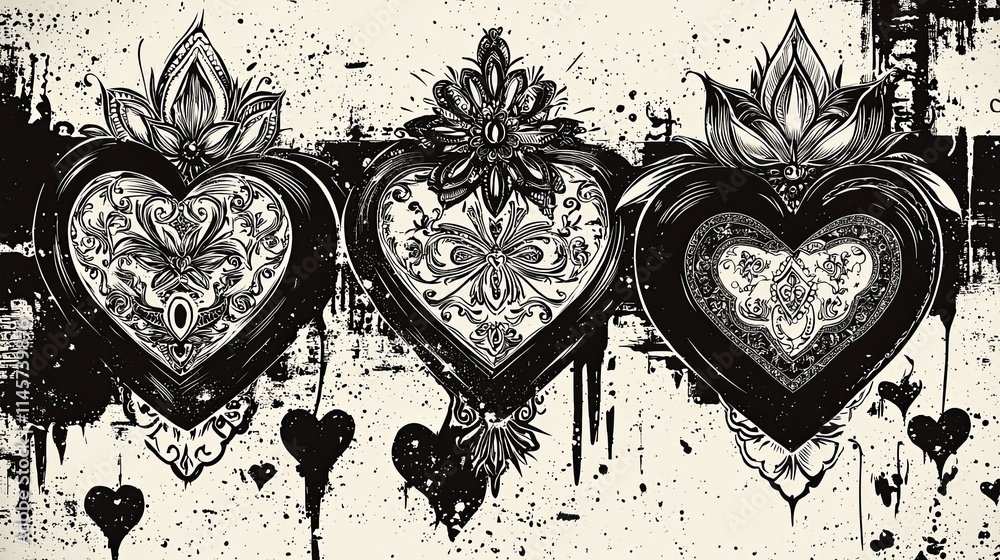 Poster three ornate hearts with intricate designs on a textured background, combining elements of art and d