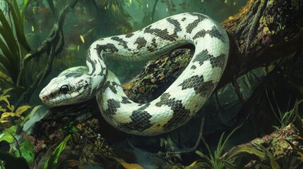 Fototapeta premium Oriental Rat Snake in a Lush Jungle Environment Depicting Natural Habitat and Wildlife Dynamics