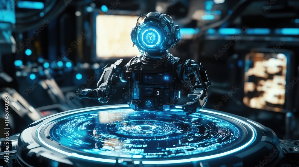 Poster a high-tech robot controlled by a central microchip, surrounded by holographic visuals representing 