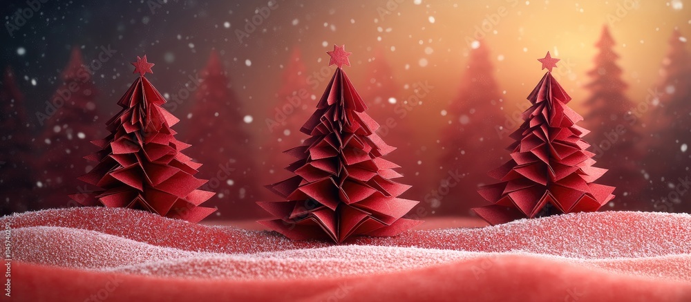 Poster red paper christmas trees arranged artistically with a softly glowing background and gentle snowfall
