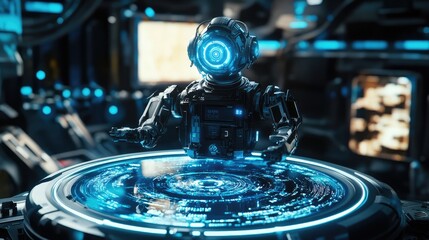 A high-tech robot controlled by a central microchip, surrounded by holographic visuals representing its computing capabilities