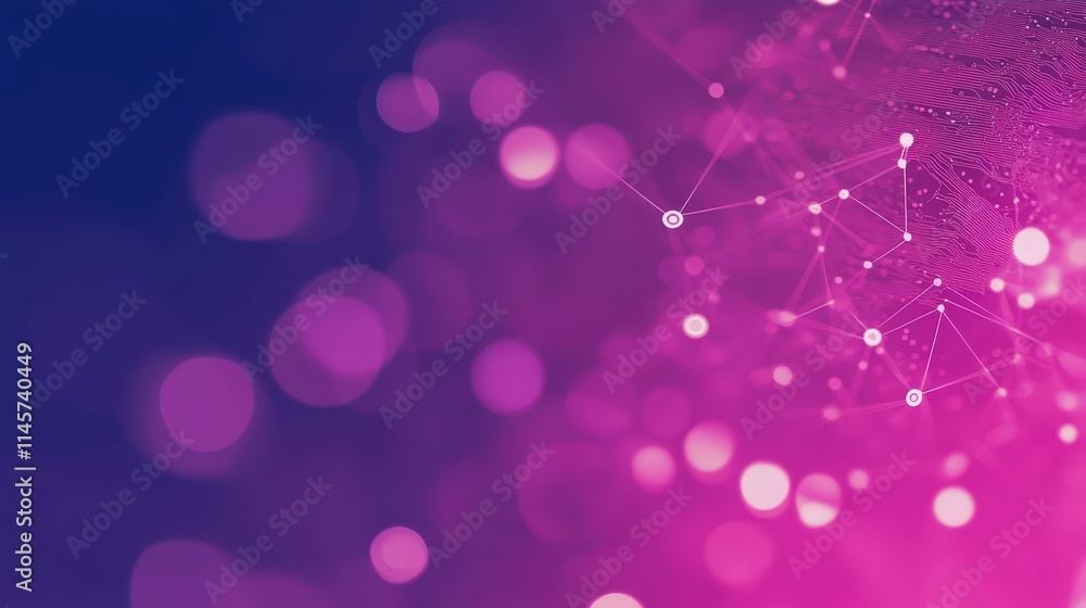 Poster abstract pink and purple background with bokeh lights and network connections representing technolog