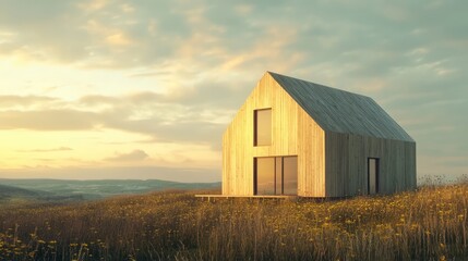 Obraz premium Modern wooden house stands in a serene landscape bathed in soft sunset light surrounded by lush grass and wildflowers.