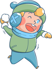 Cute boy throwing snowball in the snow. Winter season illustration.