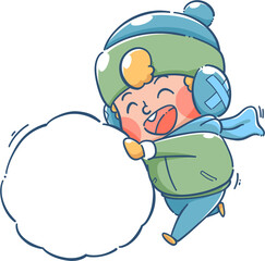 Cute boy rolling snowball in the snow. Winter season illustration.