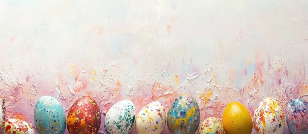 Poster colorful easter eggs arranged along the bottom edge with a soft pastel backdrop ideal for adding per