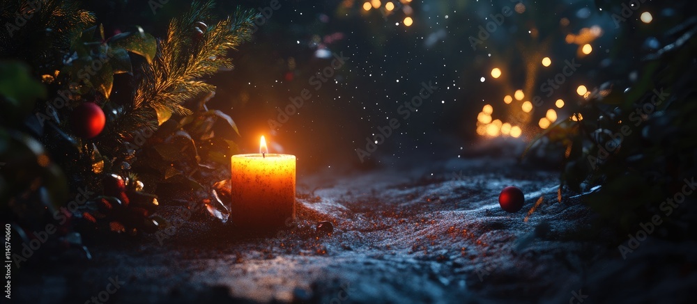 Poster candlelit christmas scene in dark setting with glowing lights and festive elements creating a warm h