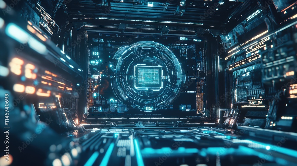 Poster a high-tech robot controlled by a central microchip, surrounded by holographic visuals representing 