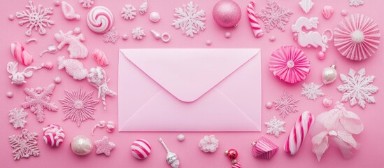 Craft envelope surrounded by pink decorations and toys on a pastel backdrop perfect for holiday or party invitations and greeting cards