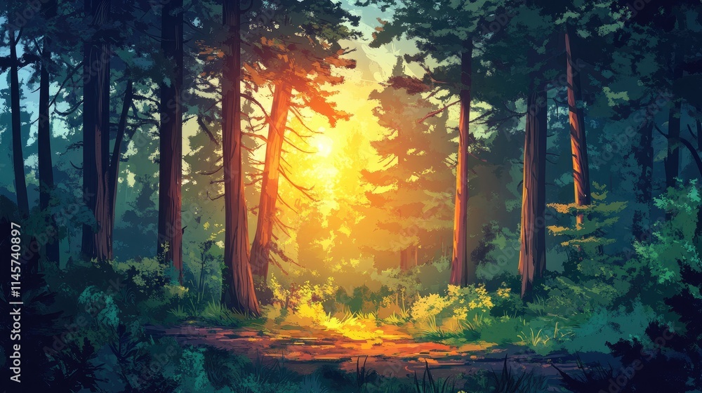 Poster sunset rays filtering through tall pine trees in a serene forest setting with vibrant foliage and a 