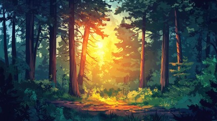 Sunset rays filtering through tall pine trees in a serene forest setting with vibrant foliage and a tranquil pathway leading into nature.