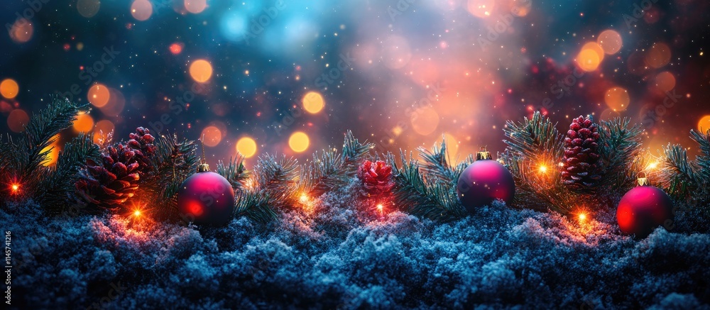 Poster festive christmas backdrop featuring blurred colorful bokeh lights with pine cones and ornaments on 