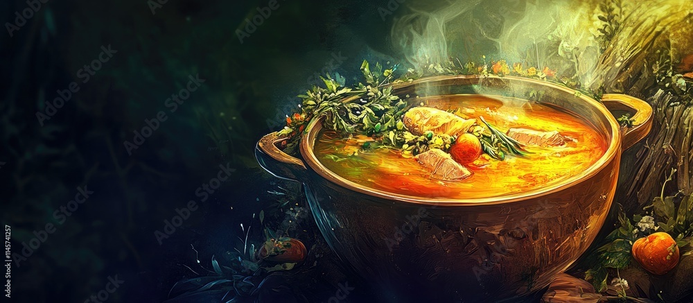 Aufkleber rustic chicken soup simmering in a pot with fresh vegetables and herbs creating a warm and inviting 