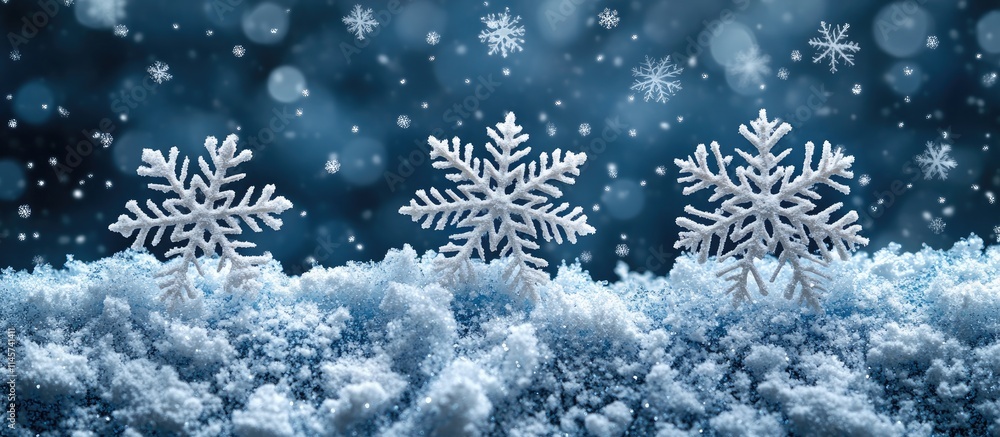 Poster christmas snowflakes on a snowy background with bokeh effect creating a serene winter wonderland atm