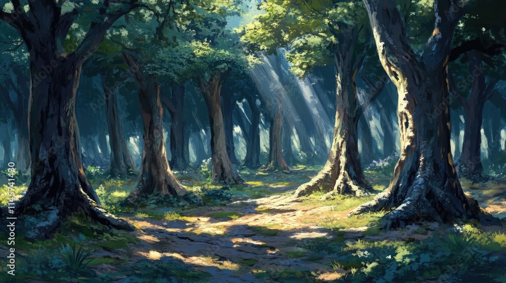 Poster sunlit forest scene featuring tree trunks casting sharp shadows with sun rays piercing through dense