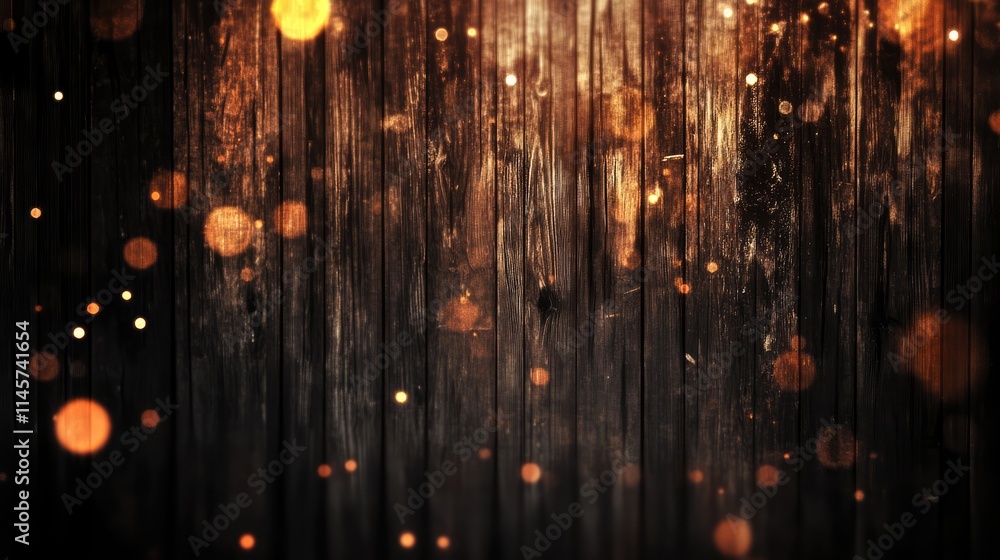 Poster bokeh lights with warm glows on rustic wooden texture creating an atmospheric and inviting backgroun