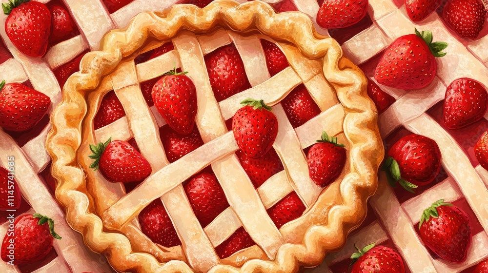 Poster strawberry pie with a flaky crust surrounded by fresh strawberries on a textured background for bake