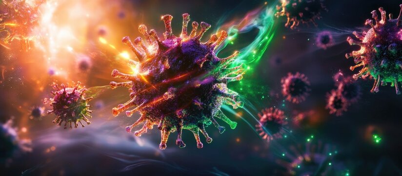 Antifungal treatment concept featuring colorful microscopic view of ketoconazole combating infections with vivid pathogen visualization