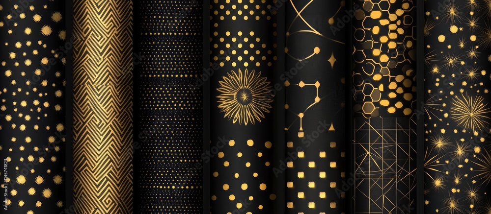 Poster elegant golden pattern collection on dark backdrop featuring various designs and shapes for sophisti