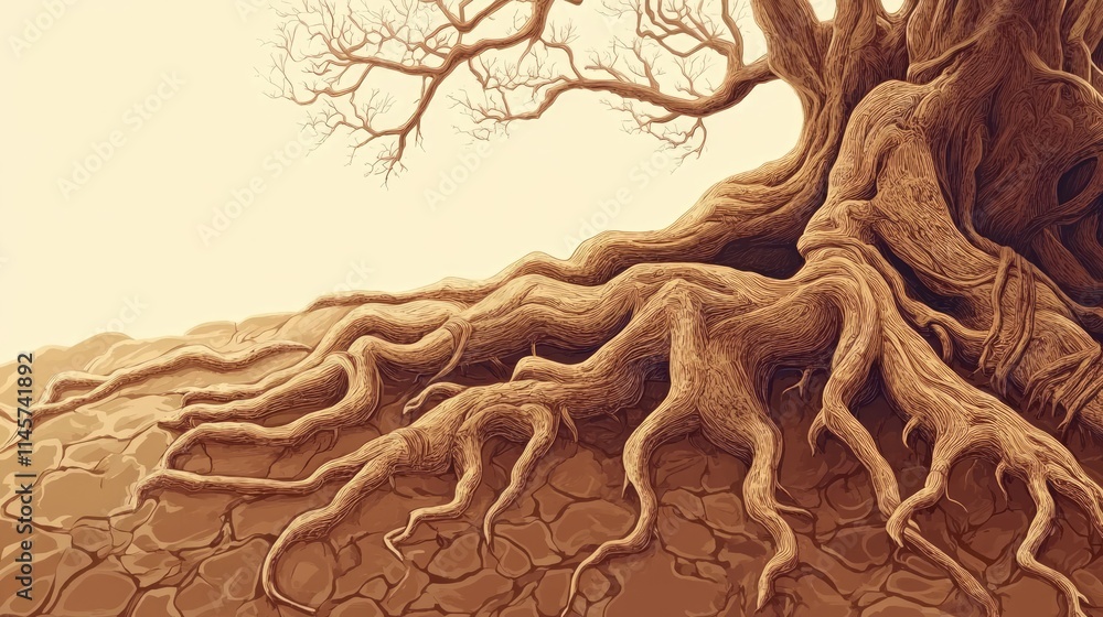 Aufkleber intricate tree root textures intertwine across a cracked earth background creating a captivating nat