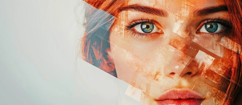 Collage of a young healthy woman's face showcasing beauty and vitality with abstract artistic elements in the background