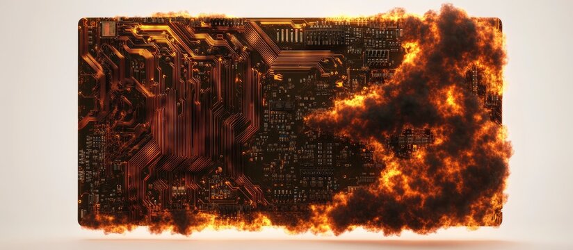 Mainboard of an outdated fax machine engulfed in flames symbolizing technology obsolescence and the inevitable passage of time