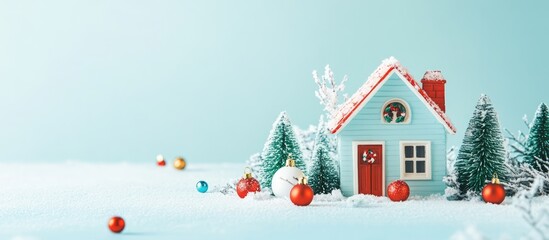 Fototapeta premium Winter holiday flat lay with a toy house surrounded by festive decorations on a light blue background scene for seasonal imagery