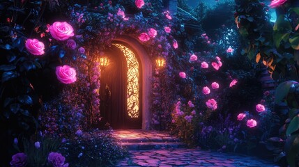 Magical illuminated garden entrance adorned with vibrant roses and enchanting lanterns at dusk