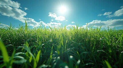 Fototapeta premium Closeup of grass and background with sunshine, nature, and green growth. Outdoor park lawn meadow and environment for summer season, vibrant field or countryside for macro garden and earth.