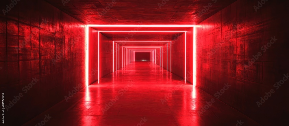 Poster illuminated corridor with vibrant red neon lights creating a dramatic and modern abstract background