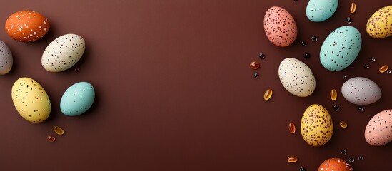 Vibrant Easter eggs beautifully arranged on a brown backdrop with ample space for text Perfect for holiday promotions and creative designs