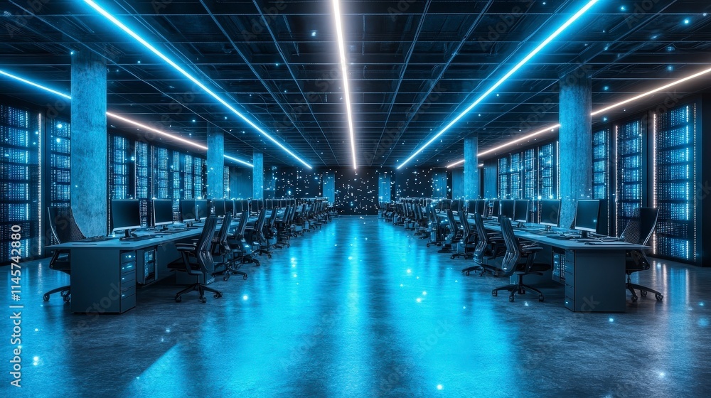 Poster a futuristic server room bathed in vibrant blue light. rows of computer terminals line the space fla