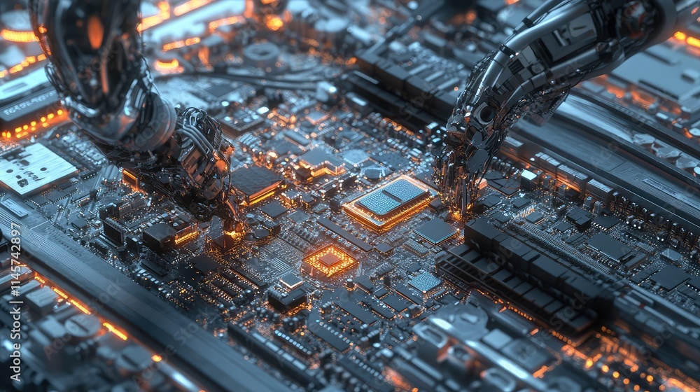 Poster a high-tech robotic arm assembling processor chips onto motherboards in an automated production line