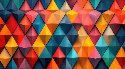 Obraz premium A vibrant geometric pattern featuring colorful 3D triangles in a visually striking arrangement.